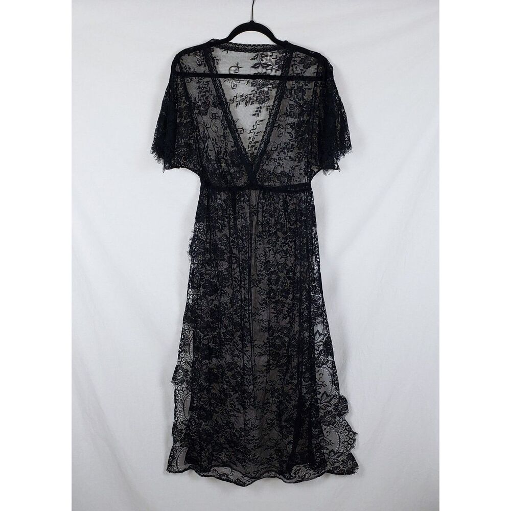 Black Sheer Floral Lace Maxi Duster Robe Robe Womens L? High Slit Dark Romantic